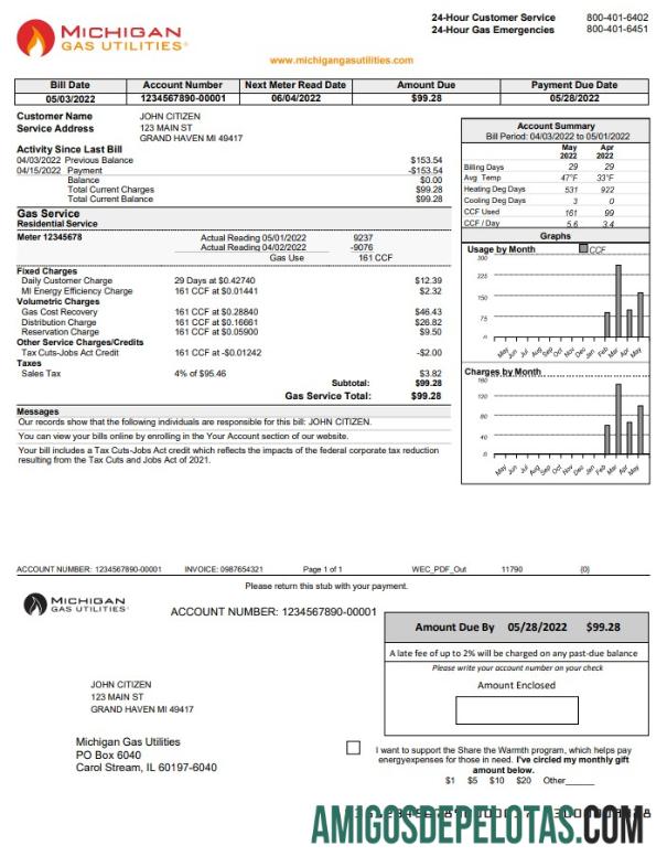 Em branco modelo de conta de serviços públicos de serviços públicos de gás dos EUA Michigan em formato Word e PDF versão 1